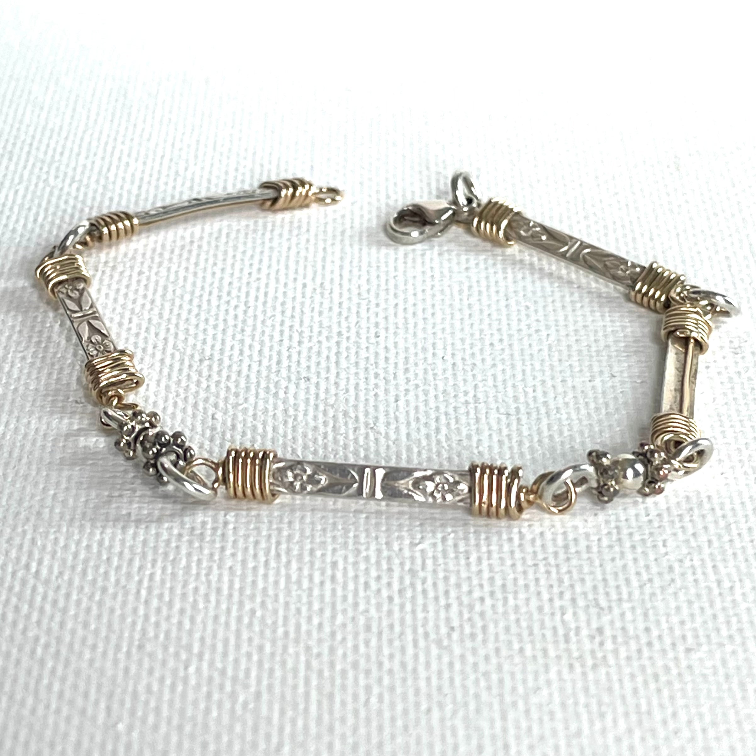Stamped and Wrapped Sterling Silver and Gold Bracelet