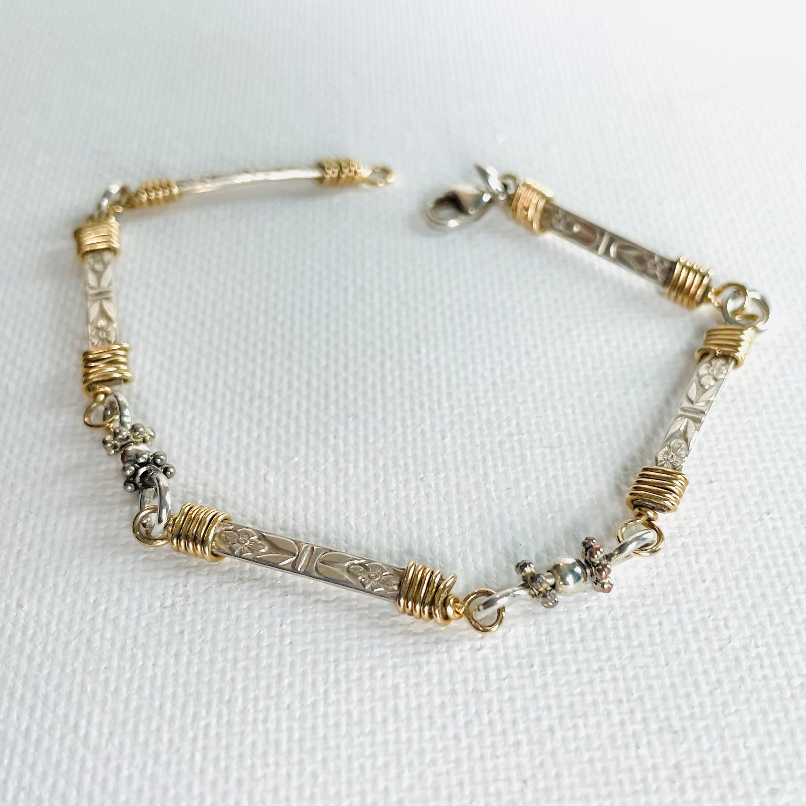 Stamped and Wrapped Sterling Silver and Gold Bracelet