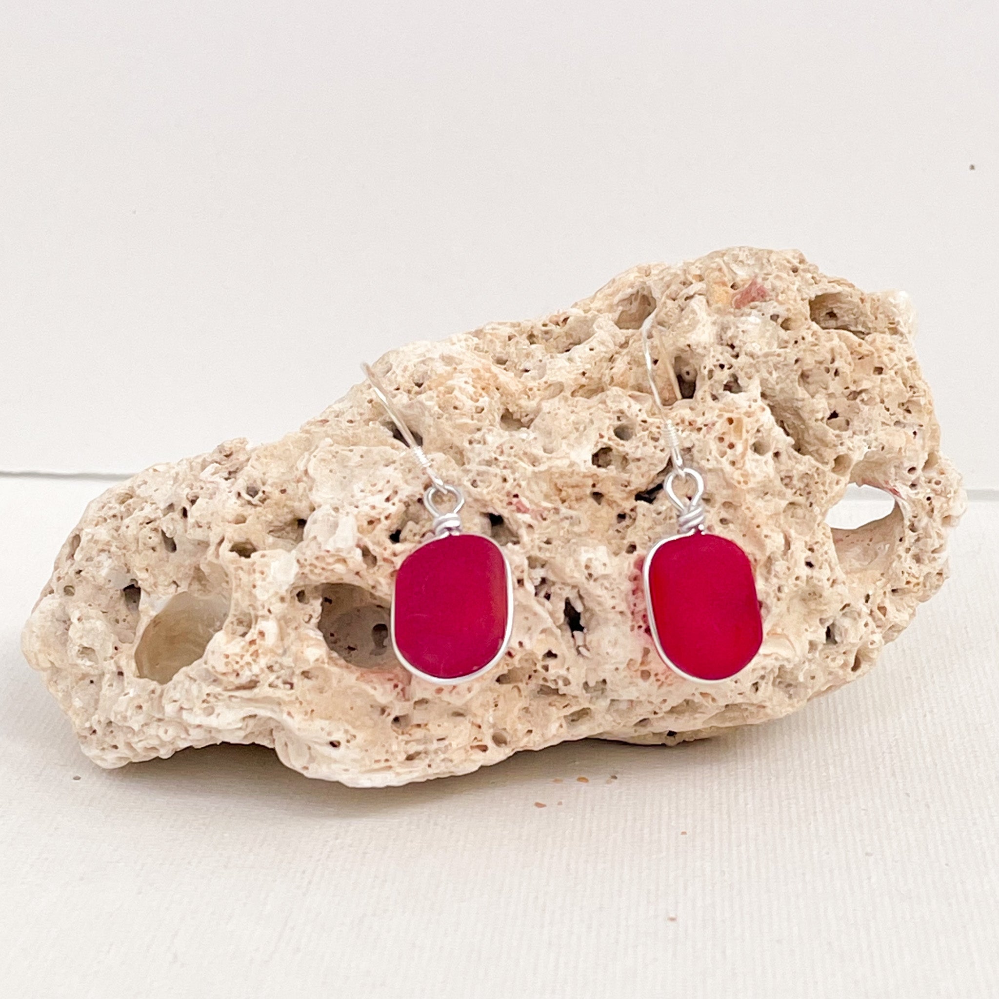 PASSION Red Small Square Sea Glass Earrings