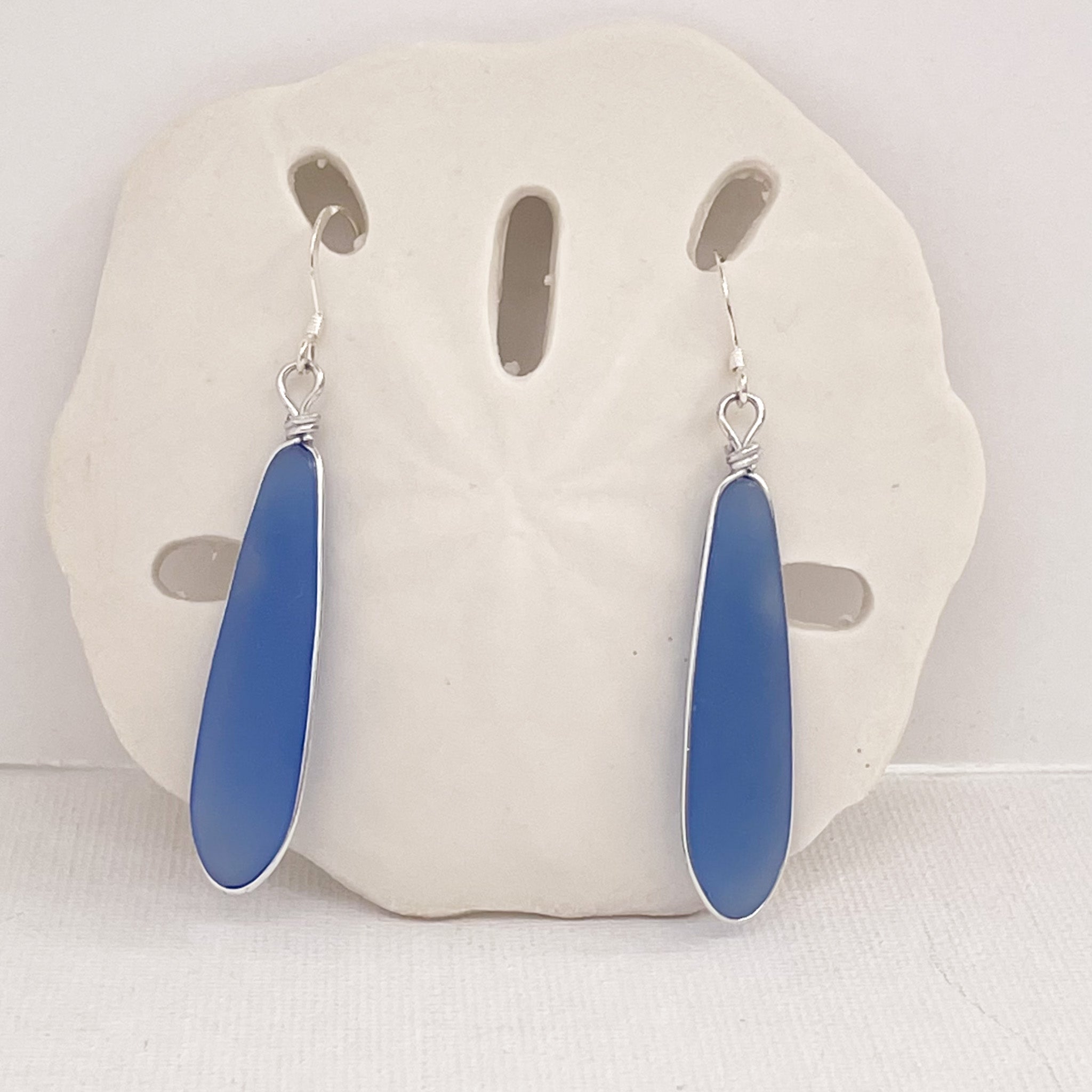 PEACE Light Sapphire Long Skinny Sea Glass Earrings