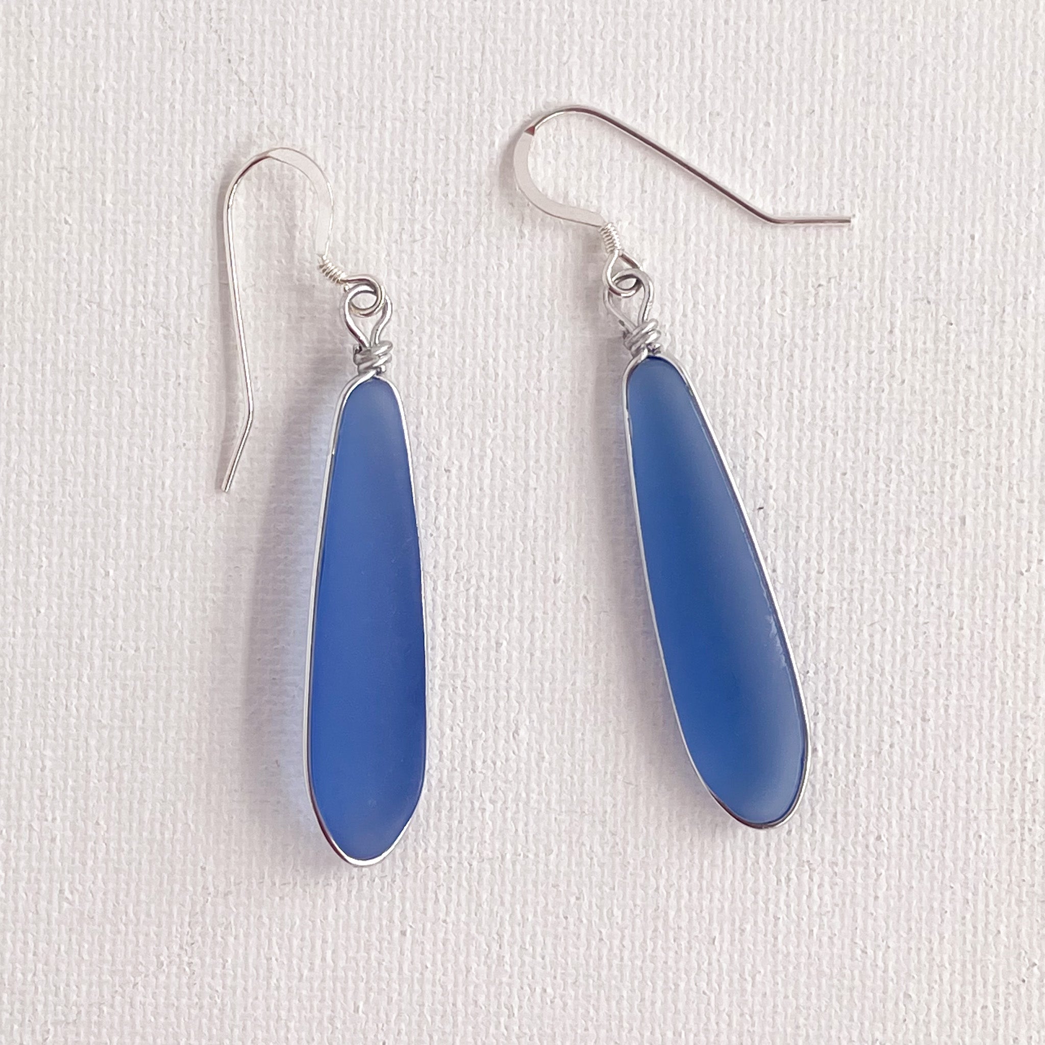 PEACE Light Sapphire Long Skinny Sea Glass Earrings