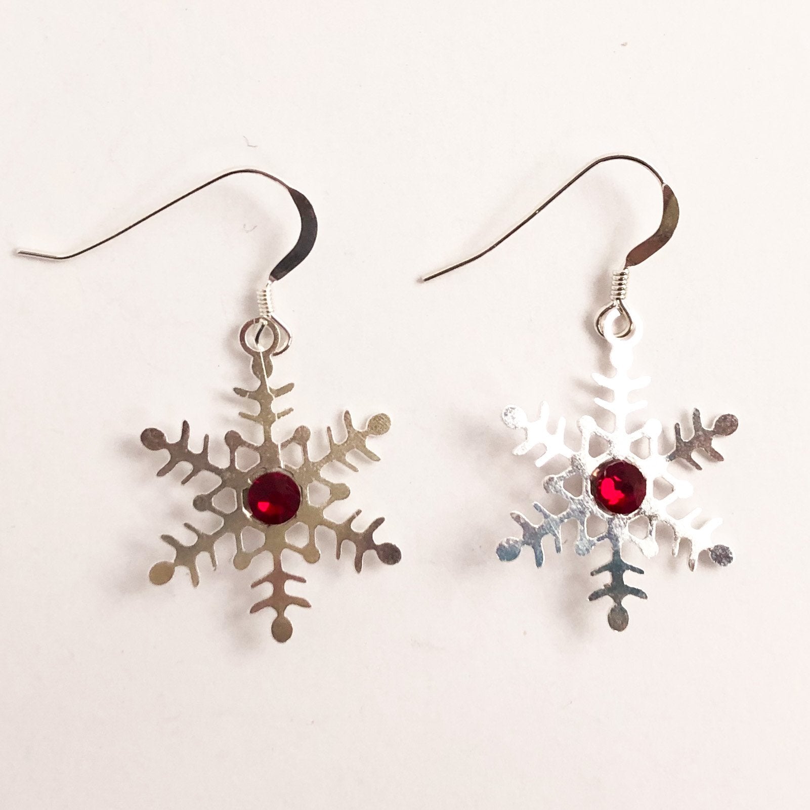 Red Swarovski Silver Snowflake Earrings