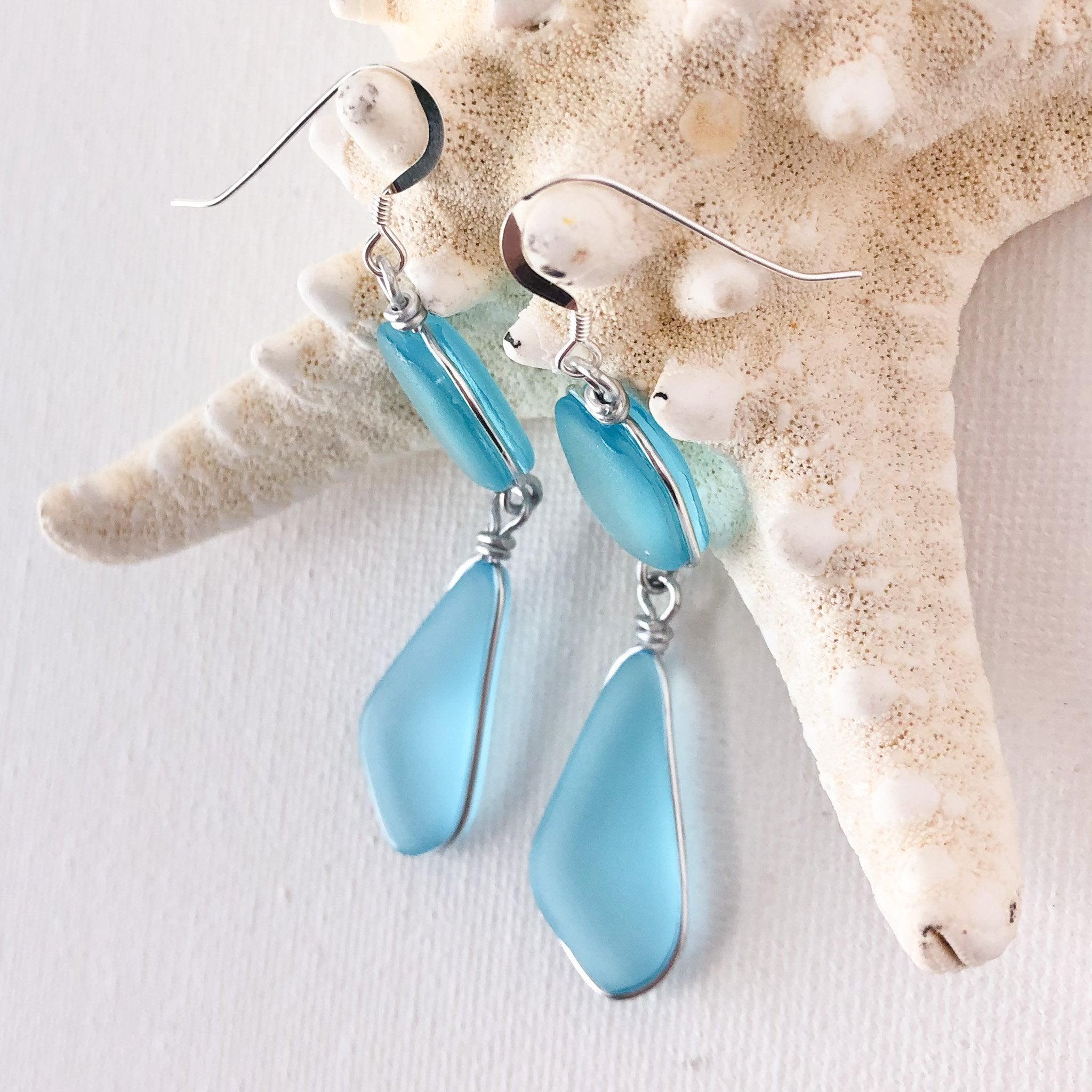 CALM Light Turquoise Double Sea Glass Earrings