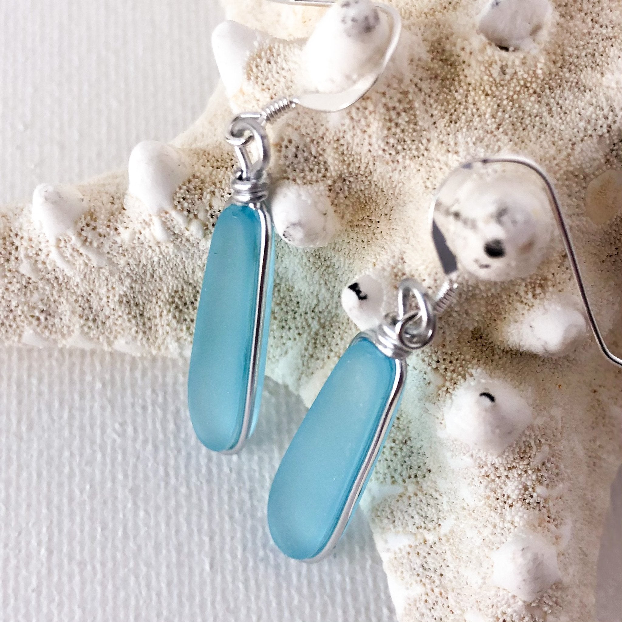 CALM Light Turquoise Short Skinny Sea Glass Earrings