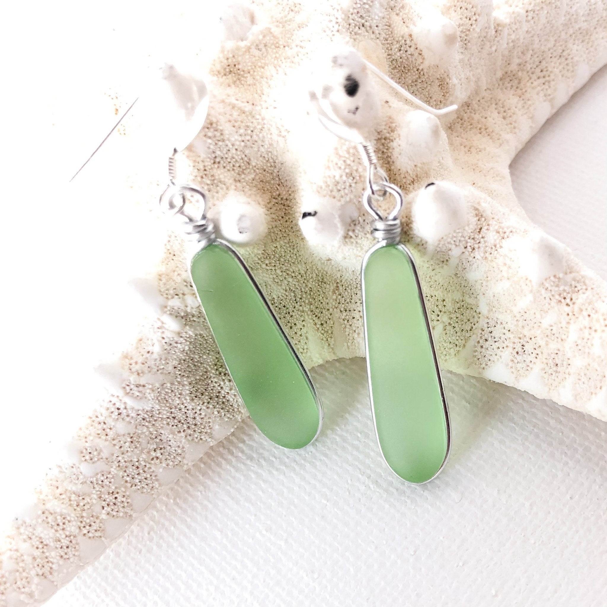 HEALING Light Green Short Skinny Sea Glass Earrings