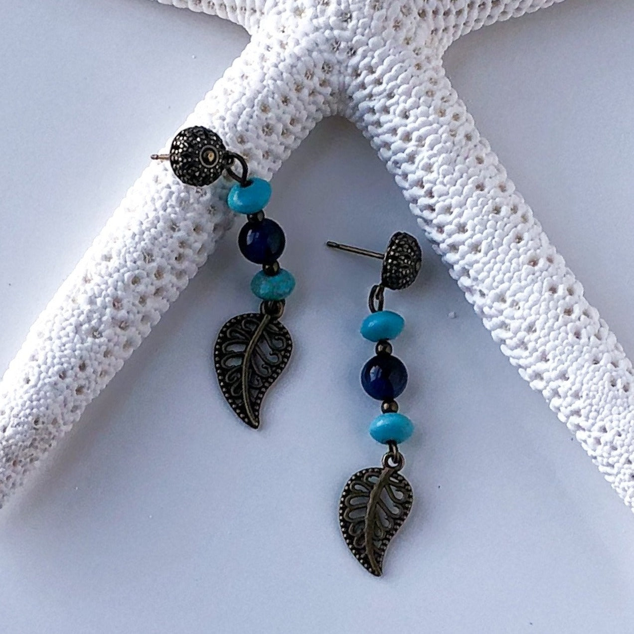 Boho Bronze and Turquoise Leaf Earrings