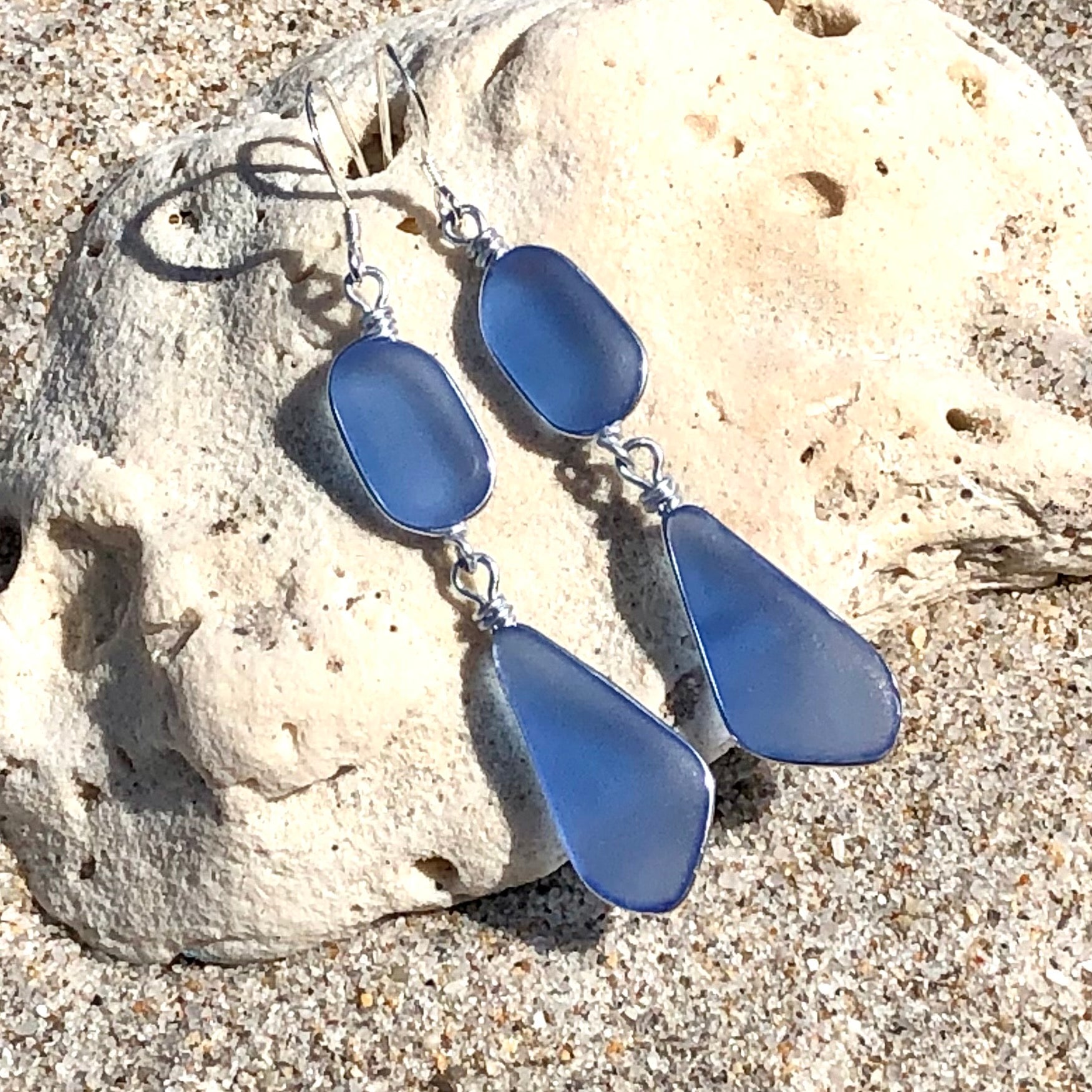 PEACE Light Sapphire Sea Glass Double Earrings