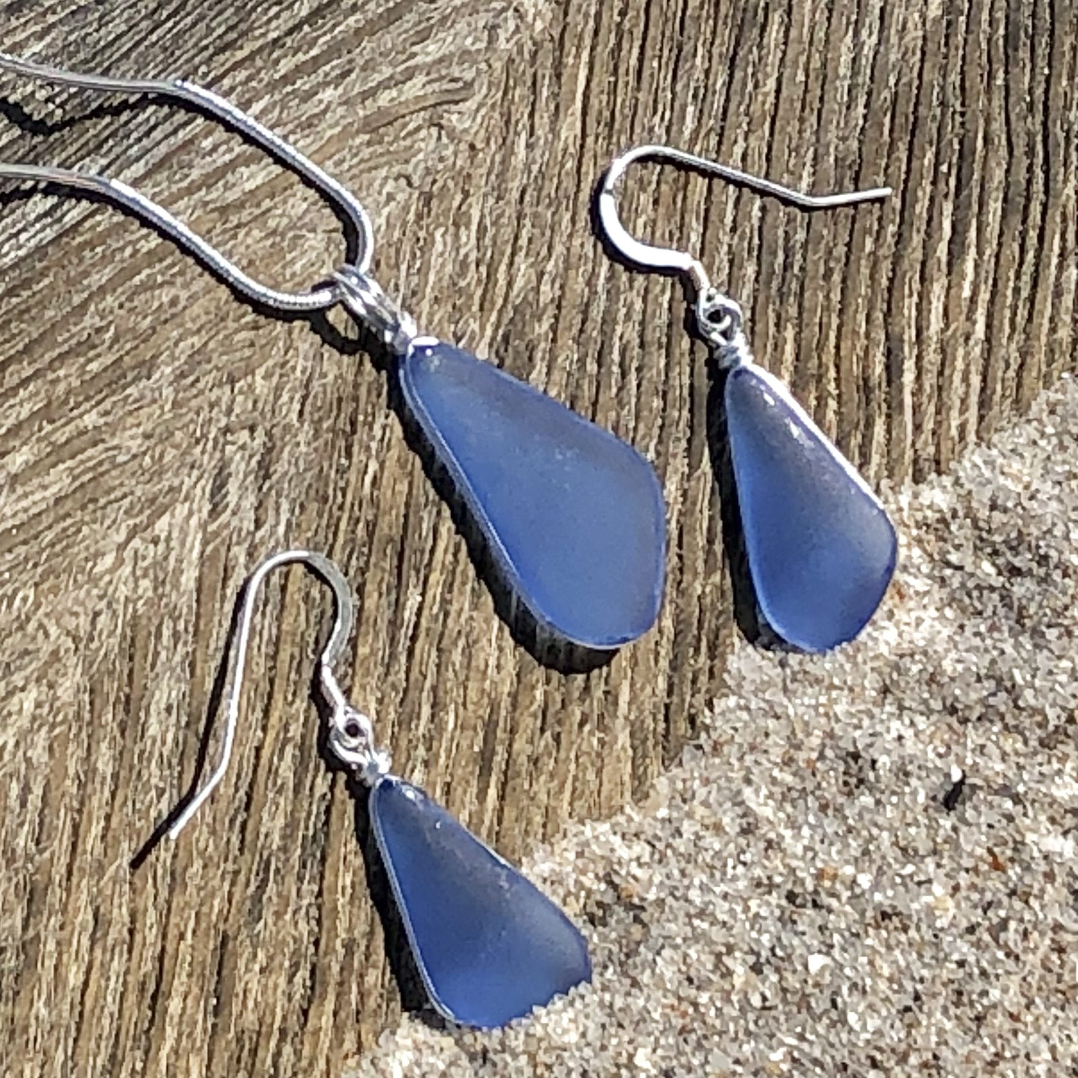PEACE Light Sapphire Trapezoid Sea Glass Earrings