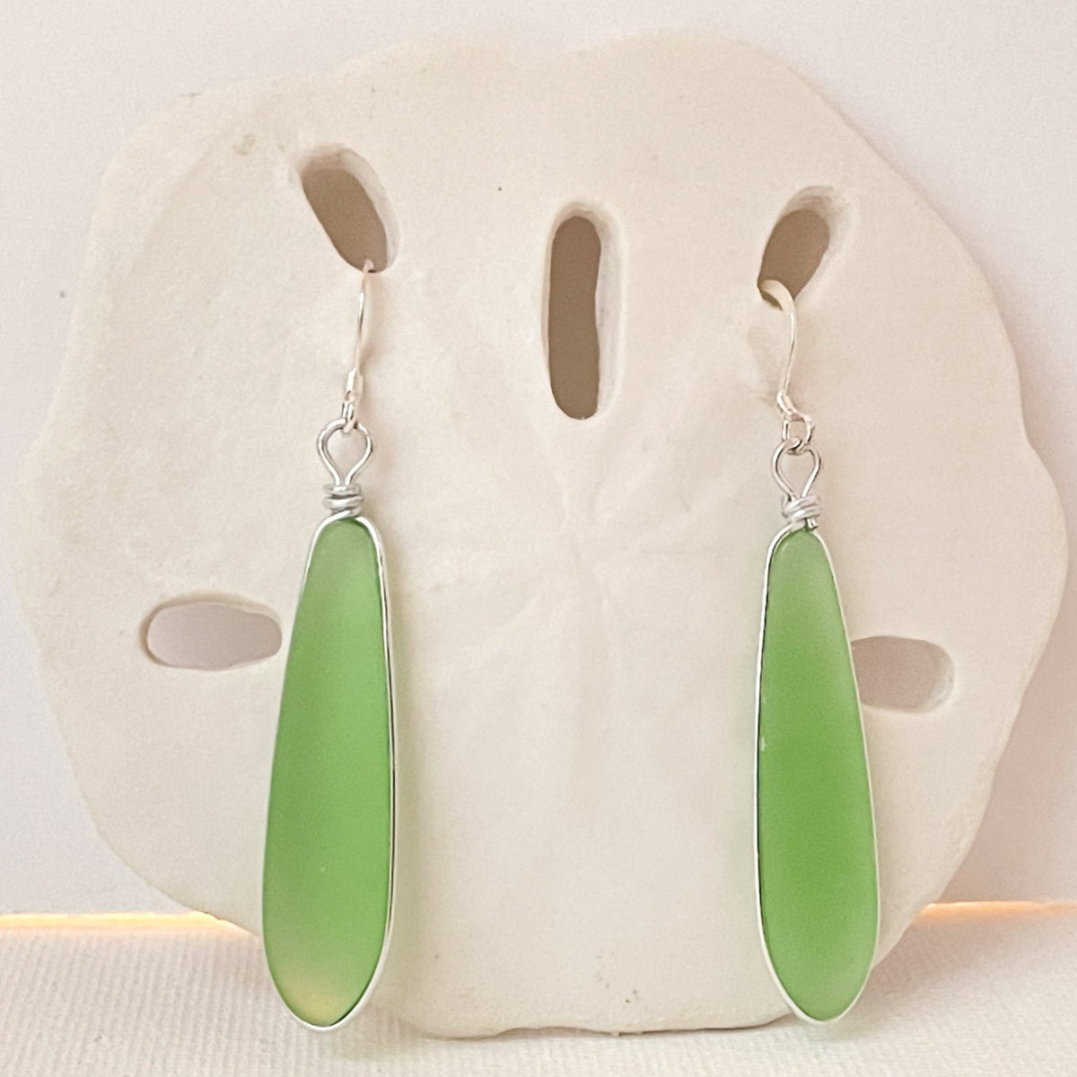 HEALING Light Green Long Skinny Sea Glass Earrings