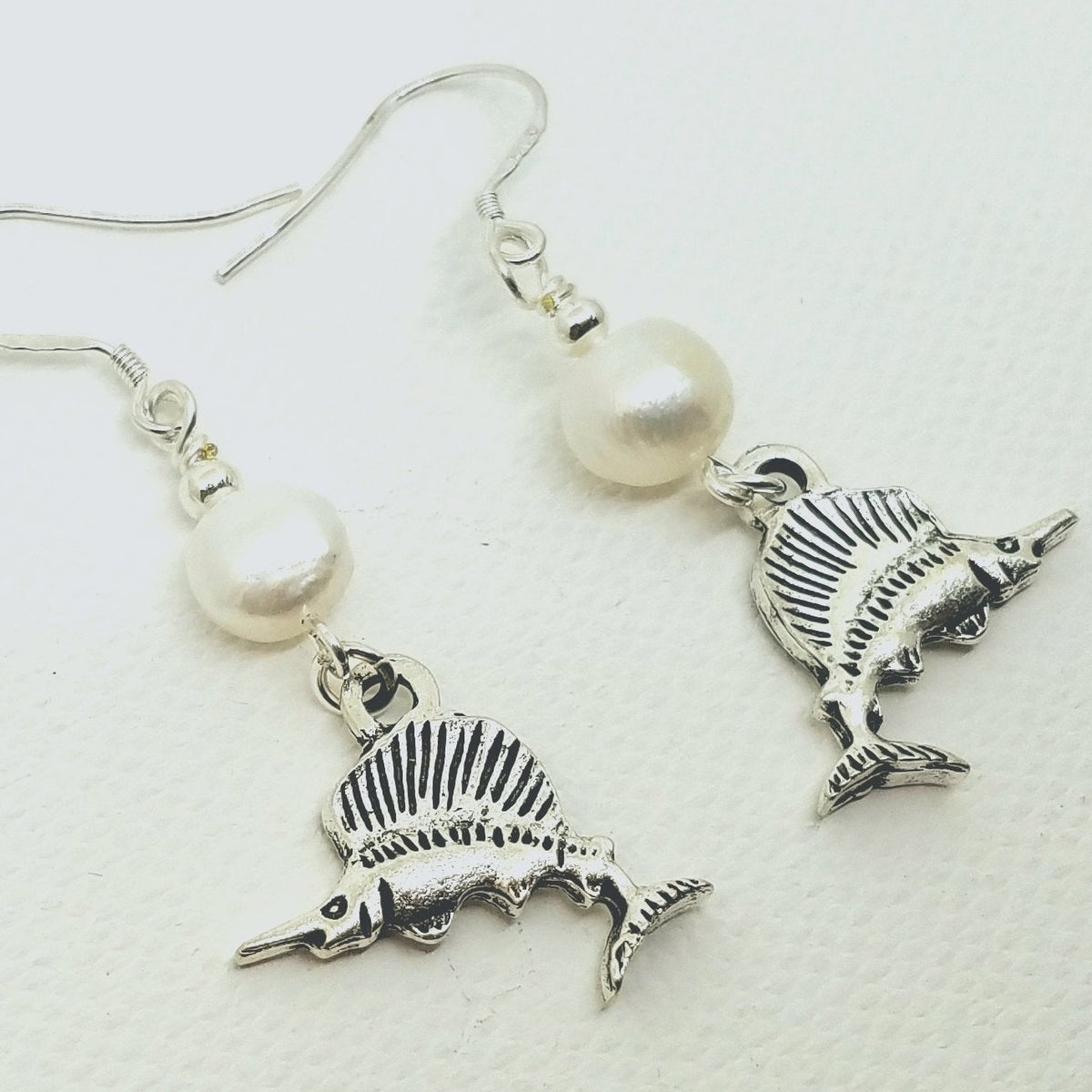 Marlin Fish & Fresh Water Pearl Earrings
