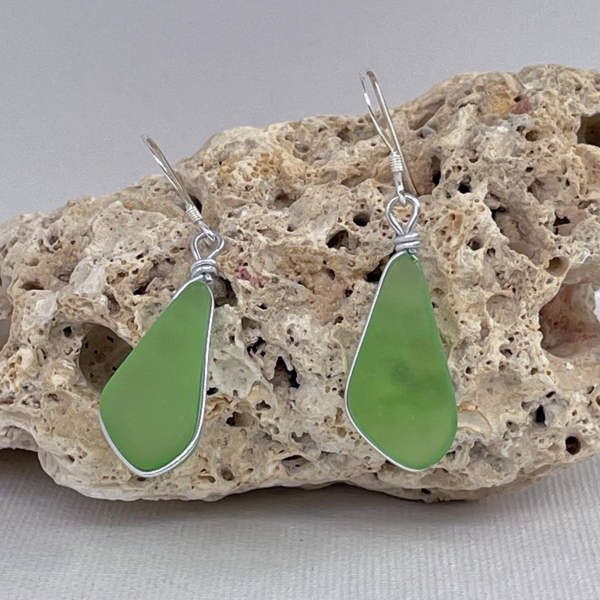 Healing Light Green Trapezoid Sea Glass Earrings