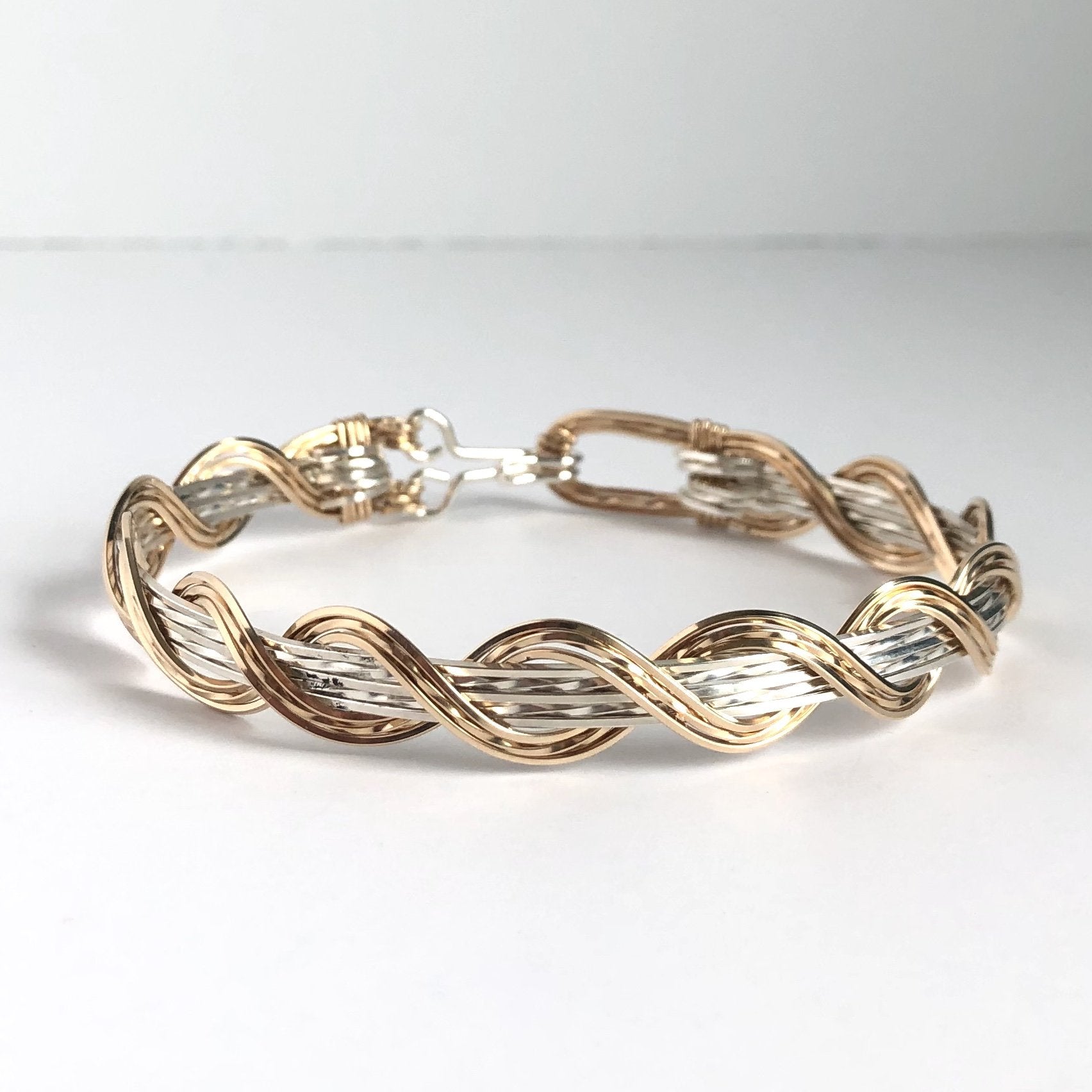 Custom Beach Waves Sterling Silver and 14K Gold Bangle Bracelet