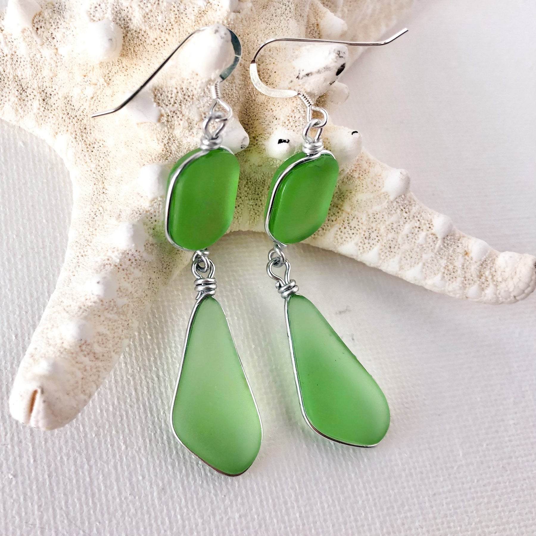 HEALING Light Green Double Sea Glass Earrings