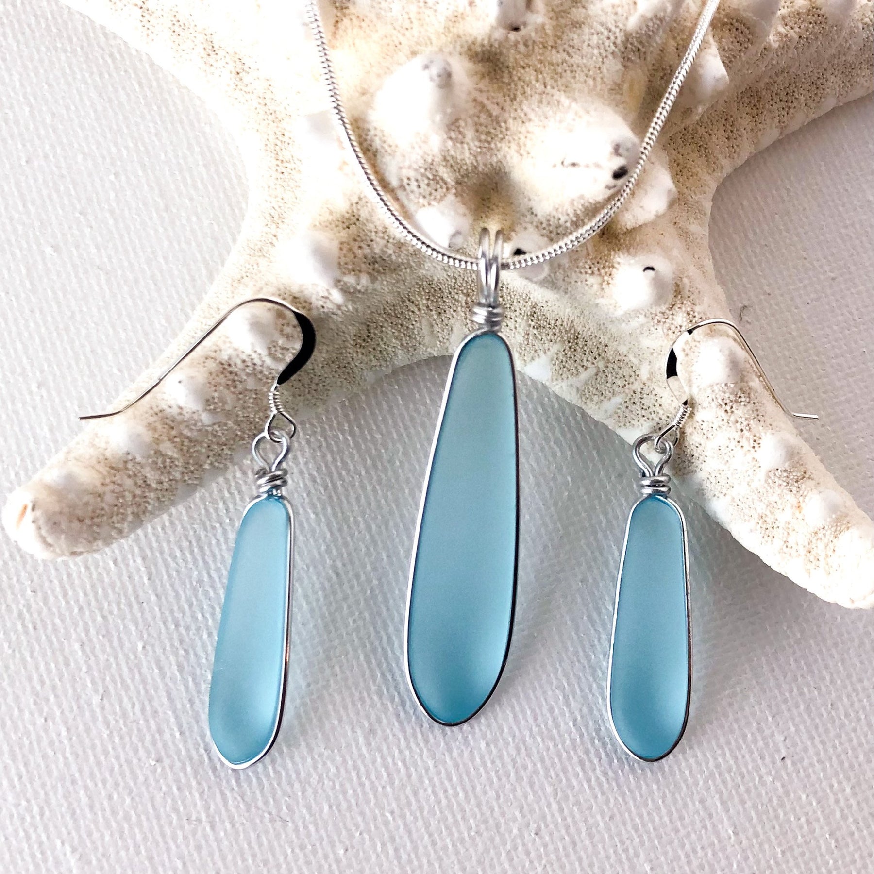 CALM Light Turquoise Long Skinny Sea Glass Necklace
