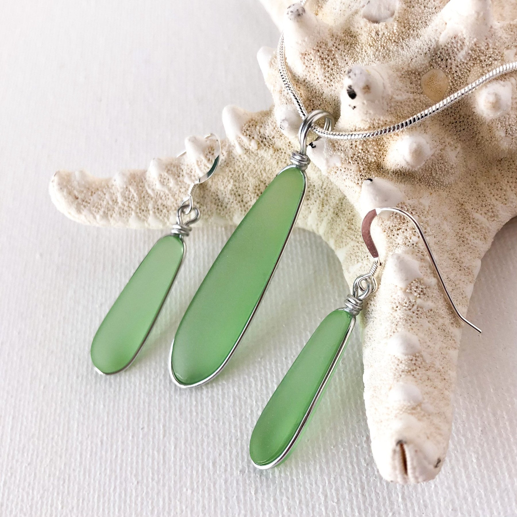 HEALING Light Green Short Skinny Sea Glass Earrings