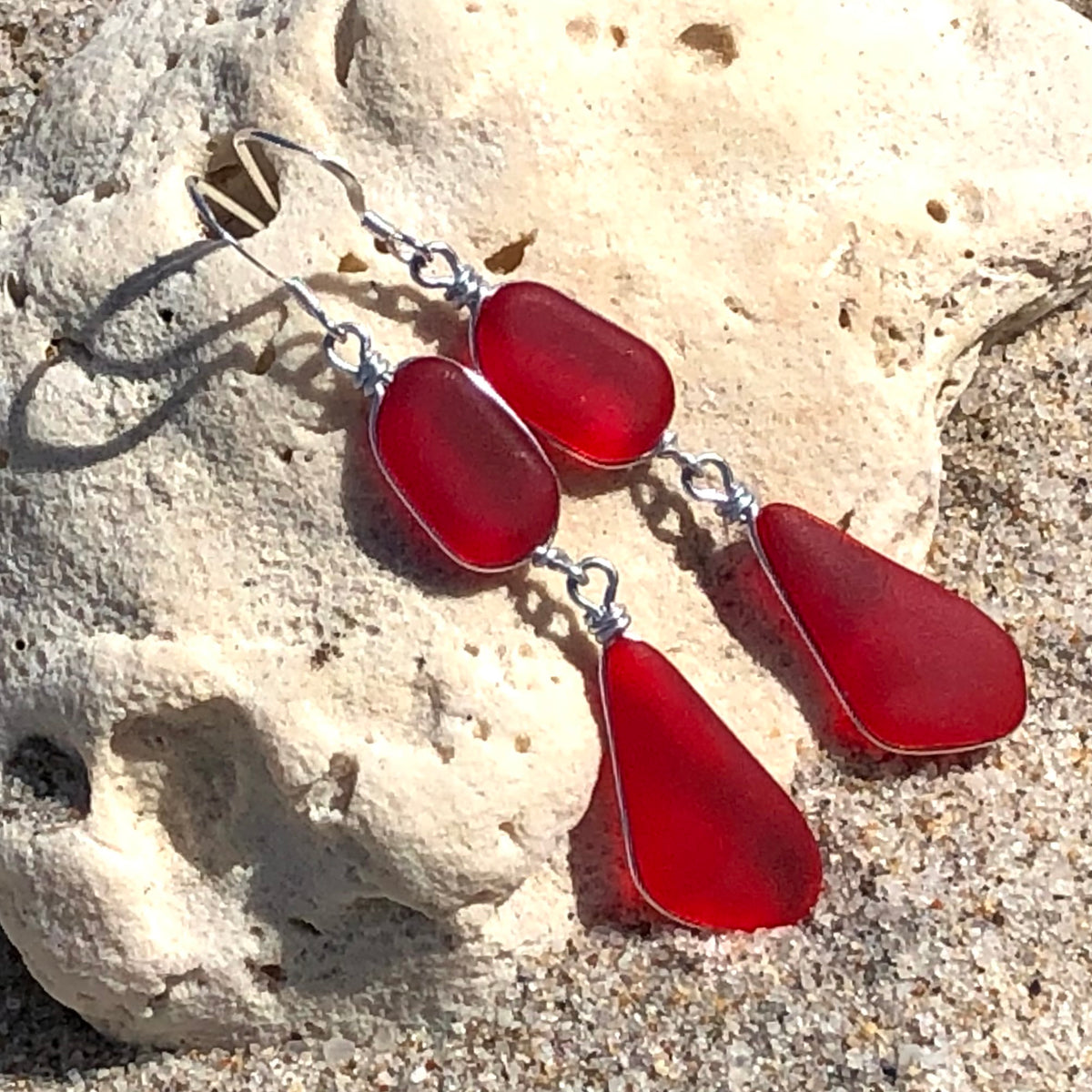 PASSION Red Double Sea Glass Earrings