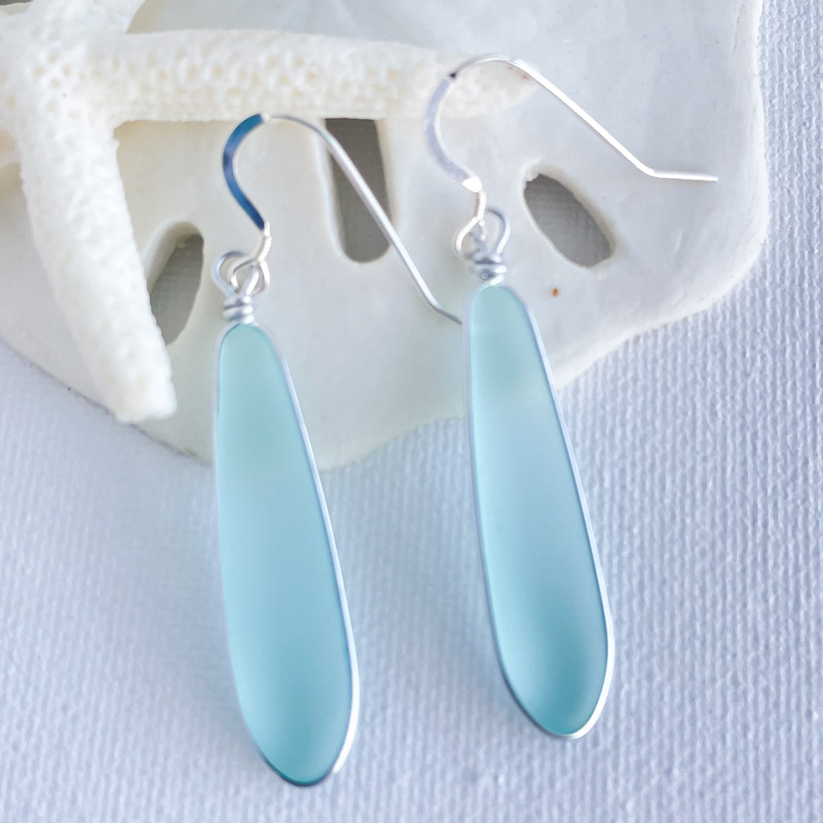 CALM Light Turquoise Long Skinny Sea Glass Earrings