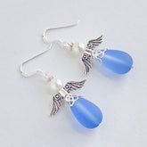 Sapphire Blue Sea Glass Angel Earrings