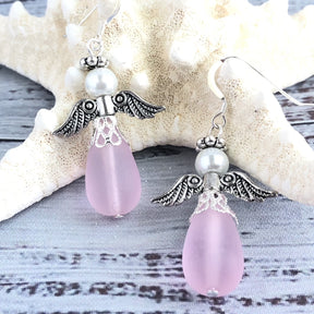 Pink Sea Glass Angel Earrings