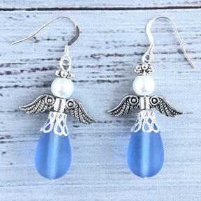 Sapphire Blue Sea Glass Angel Earrings