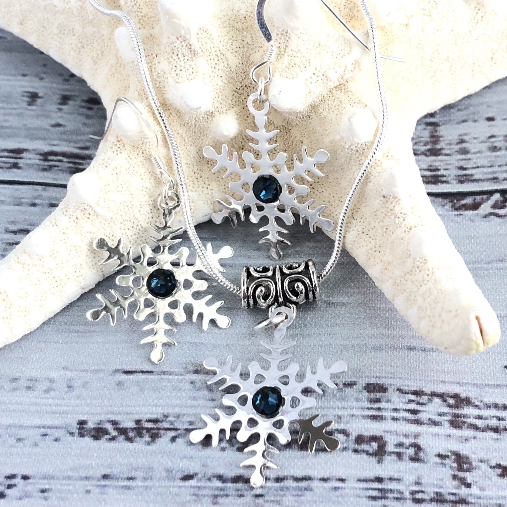 Blue Swarovski Silver Snowflake Earrings