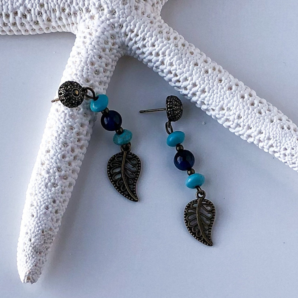 Boho Bronze and Turquoise Leaf Earrings
