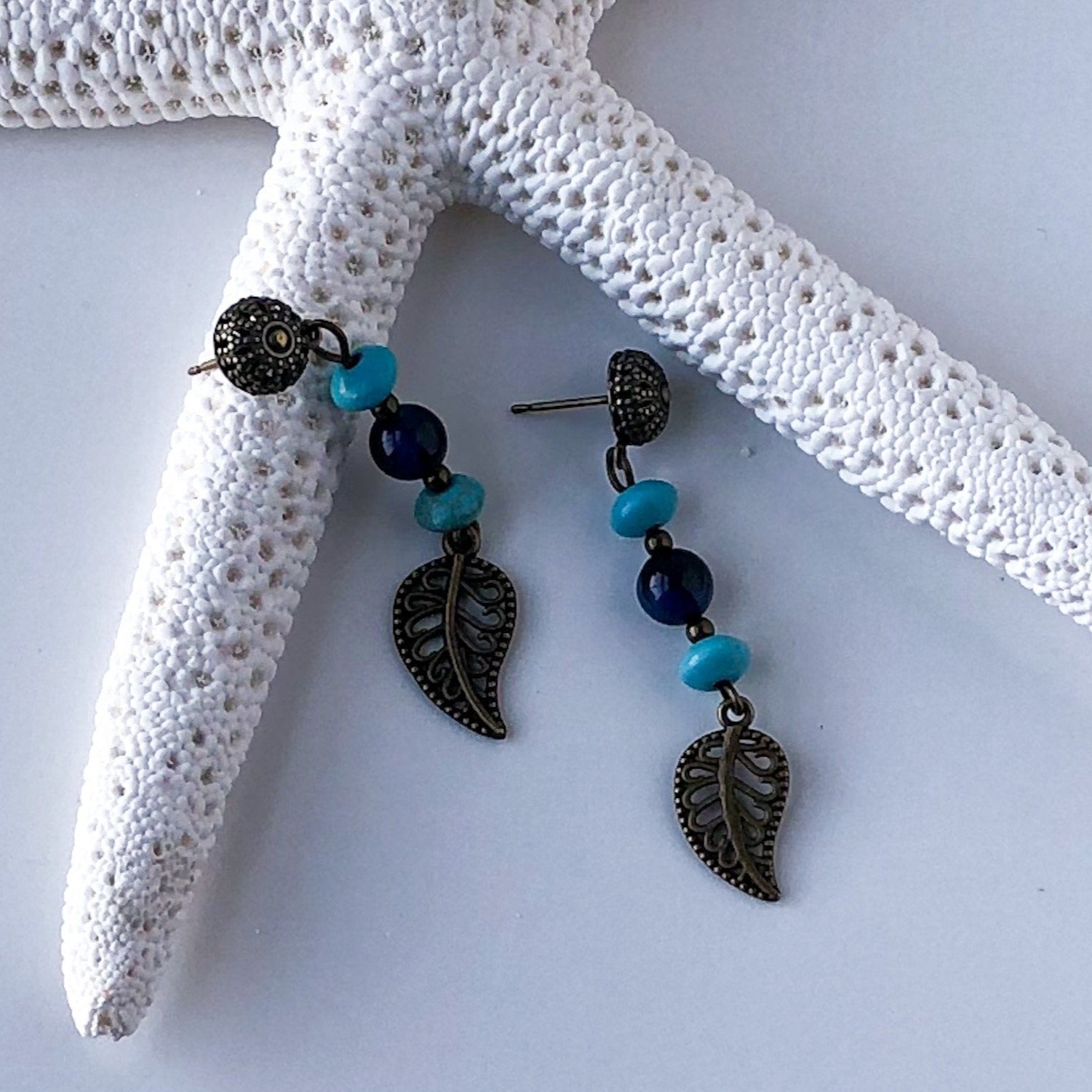 Boho Bronze and Turquoise Leaf Earrings