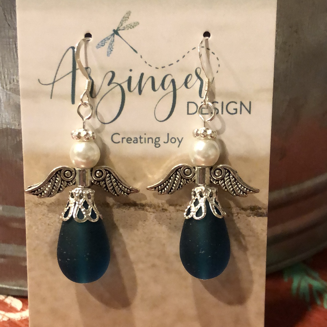 Teal Sea Glass Angel Earrings