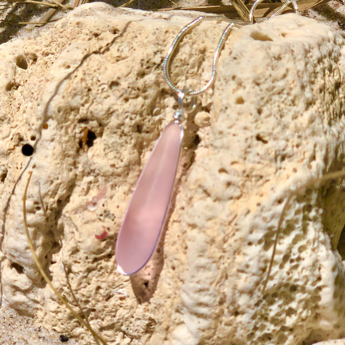 LOVE Pink Long Skinny Sea Glass Necklace