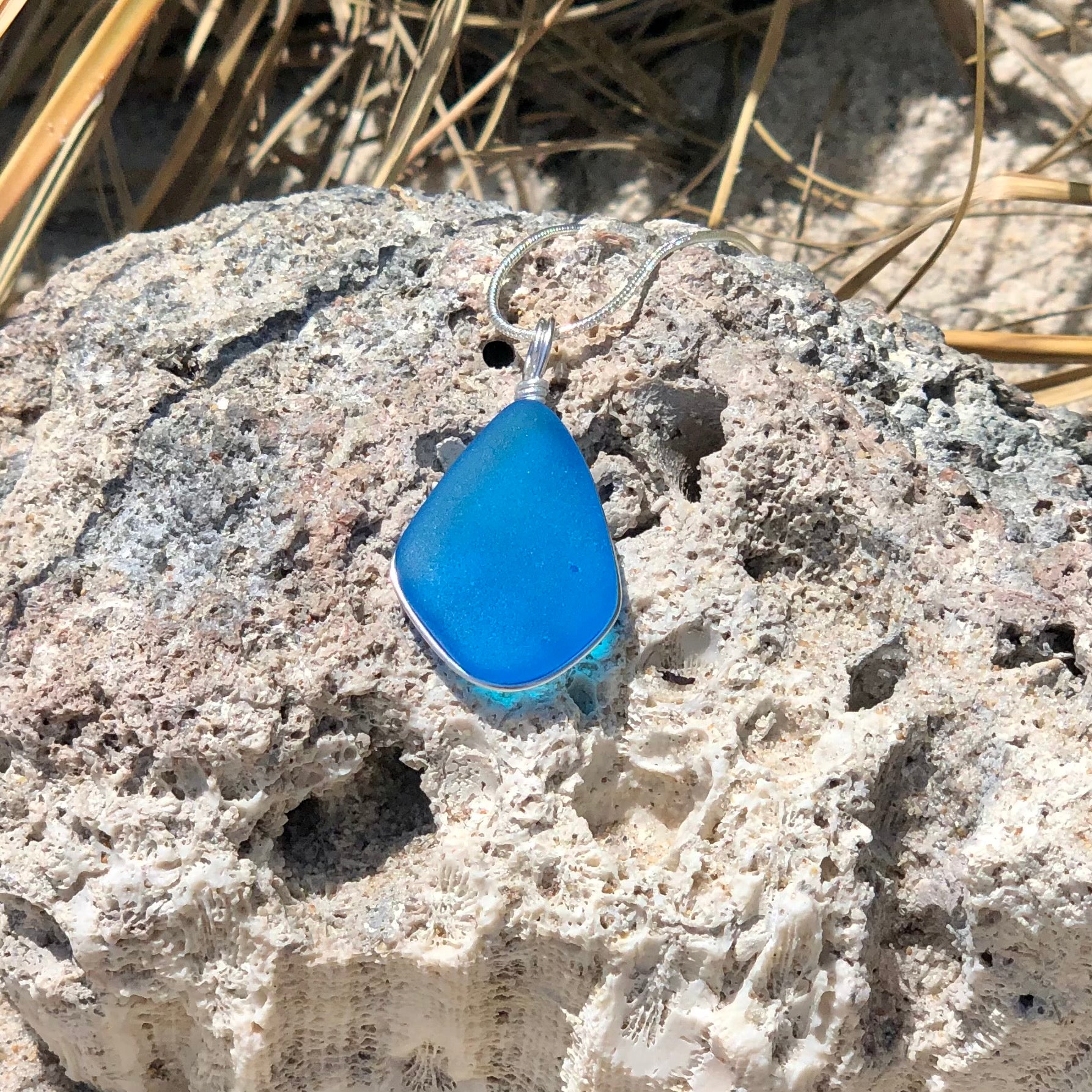 FRIENDSHIP Azure Blue Large Trapezoid Sea Glass Necklace