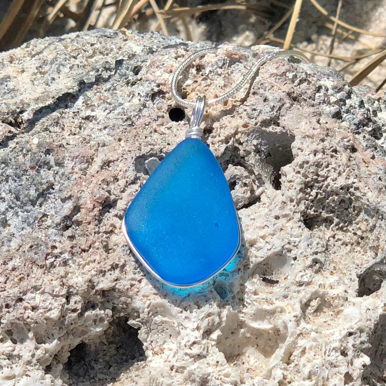 FRIENDSHIP Azure Blue Large Trapezoid Sea Glass Necklace